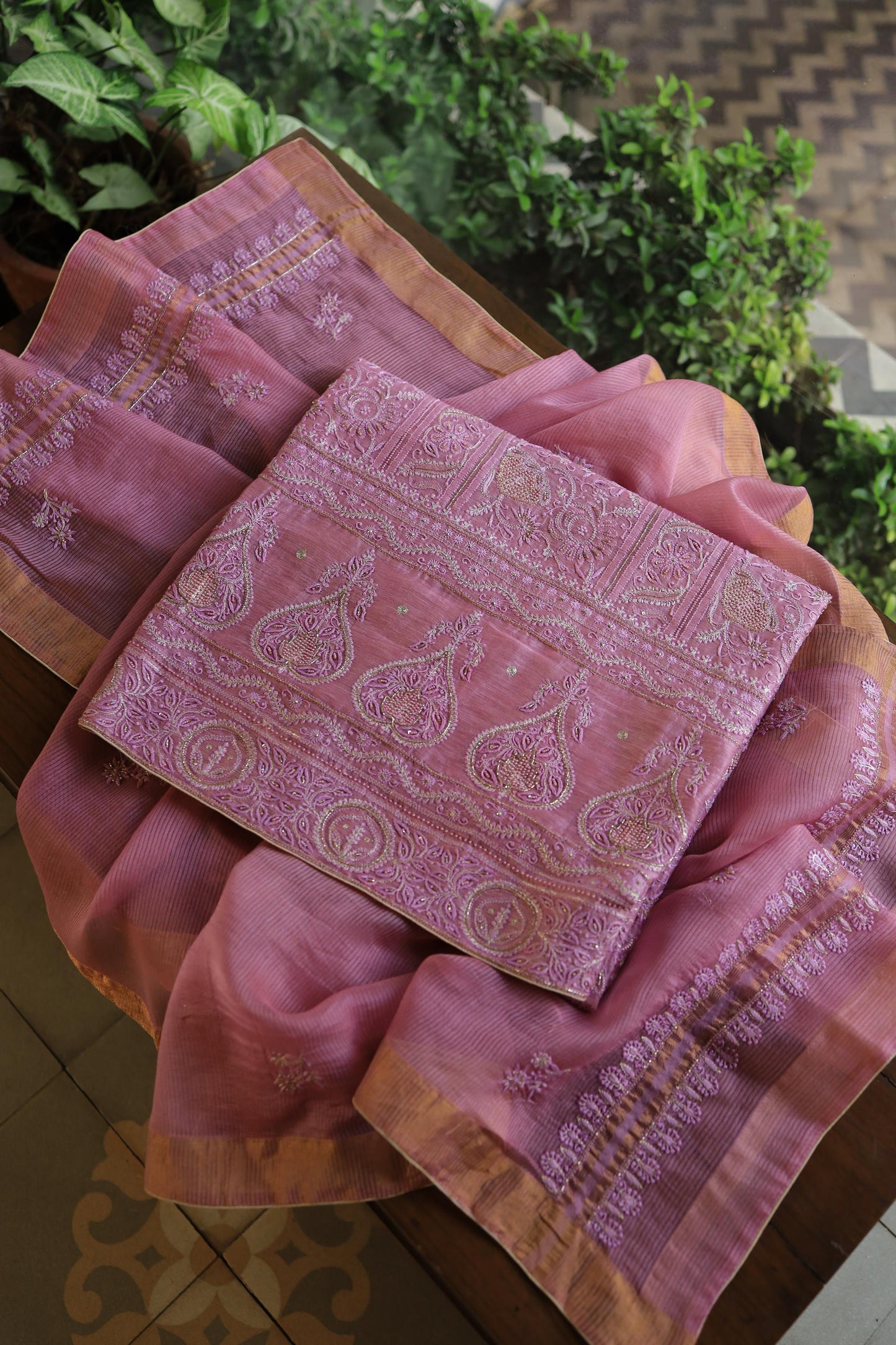 Pink Shade Linen Silk Chikankari With Ari Work Unstitched Kurta Dupatta Set