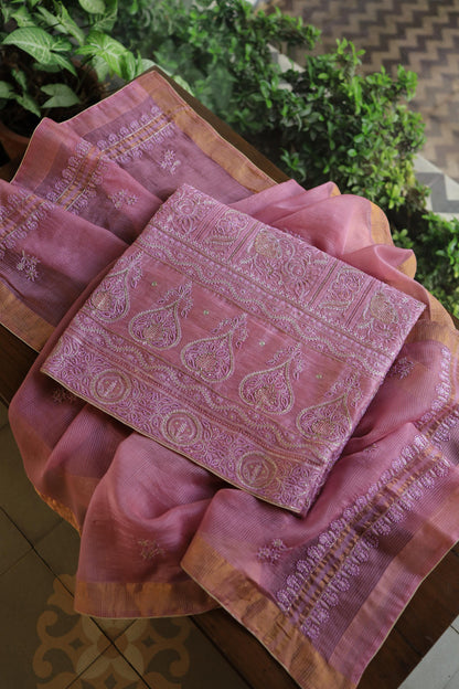 Pink Shade Linen Silk Chikankari With Ari Work Unstitched Kurta Dupatta Set