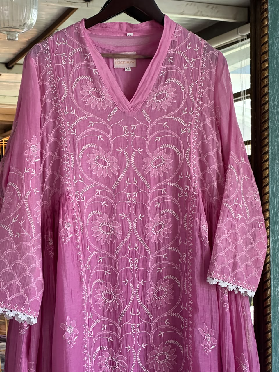 Mauve Pink & White Mul Chanderi Chikankari Kurta & Dupatta Set