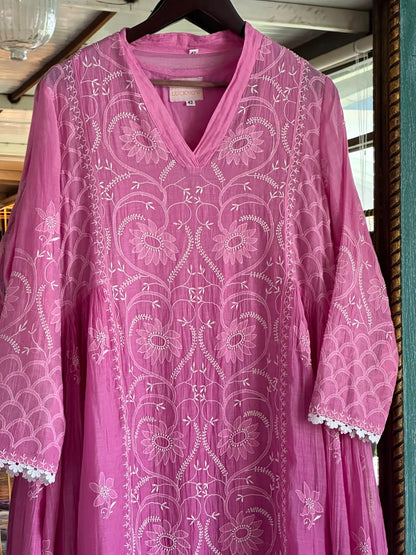 Mauve Pink & White Mul Chanderi Chikankari Kurta & Dupatta Set