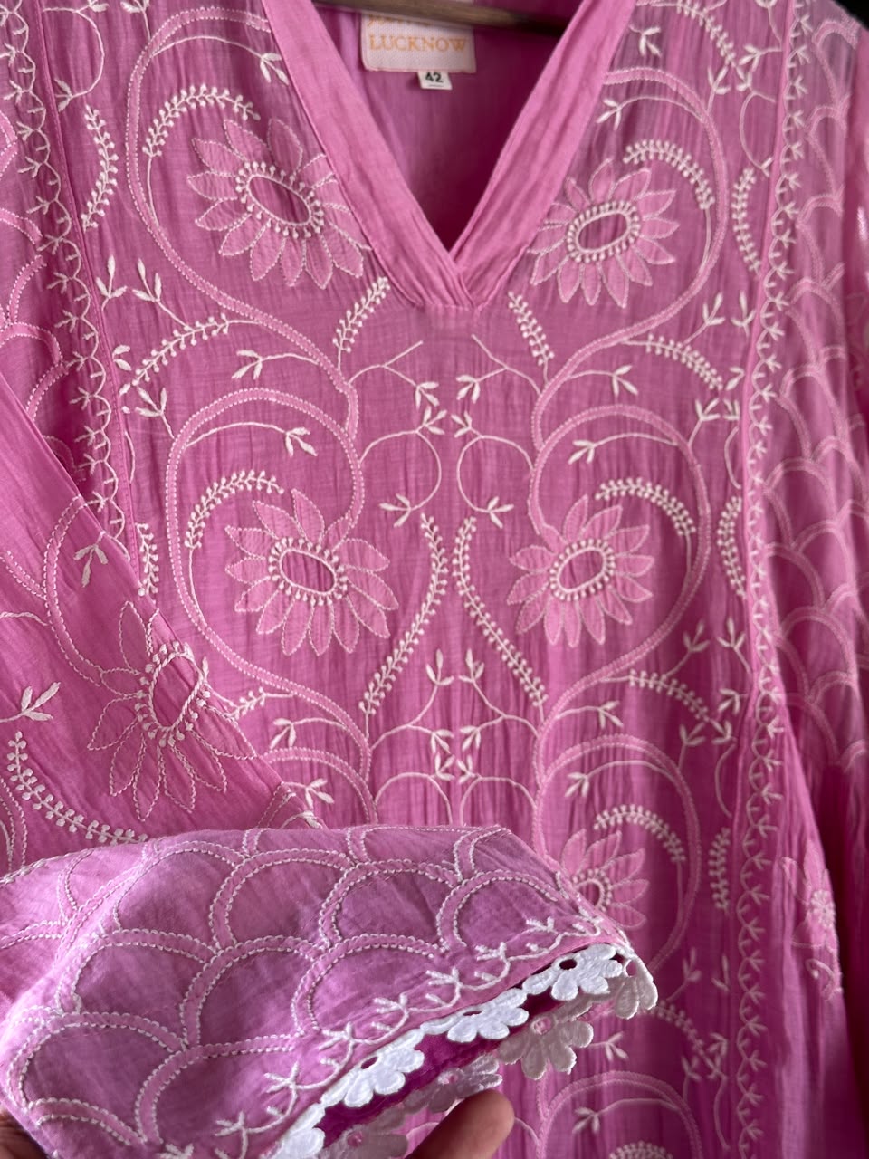 Mauve Pink & White Mul Chanderi Chikankari Kurta & Dupatta Set