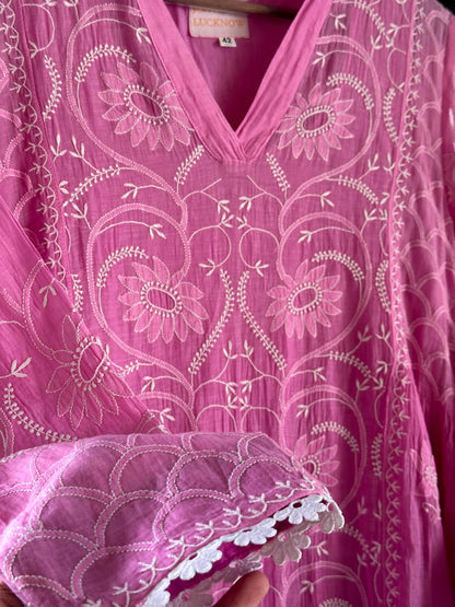 Mauve Pink & White Mul Chanderi Chikankari Kurta & Dupatta Set