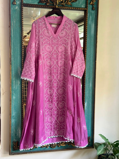 Mauve Pink & White Mul Chanderi Chikankari Kurta & Dupatta Set