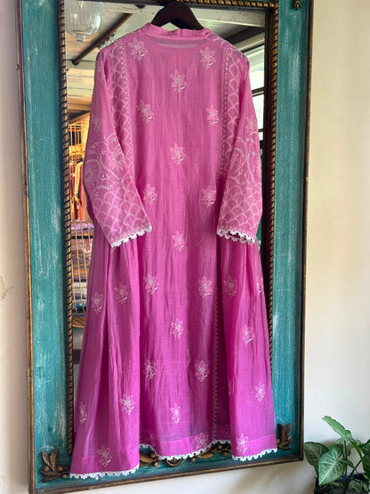 Mauve Pink & White Mul Chanderi Chikankari Kurta & Dupatta Set