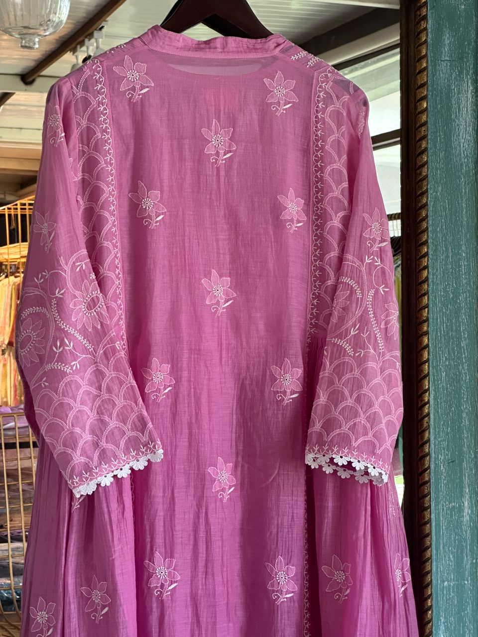 Mauve Pink & White Mul Chanderi Chikankari Kurta & Dupatta Set