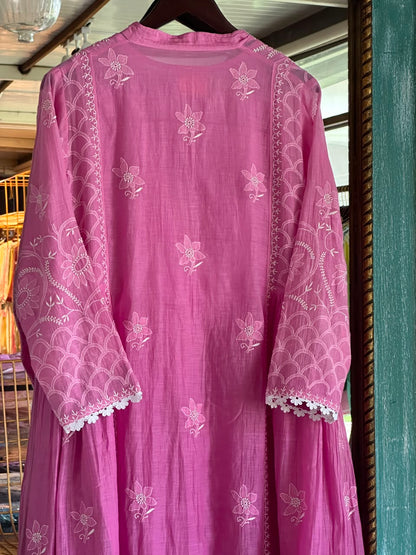 Mauve Pink & White Mul Chanderi Chikankari Kurta & Dupatta Set
