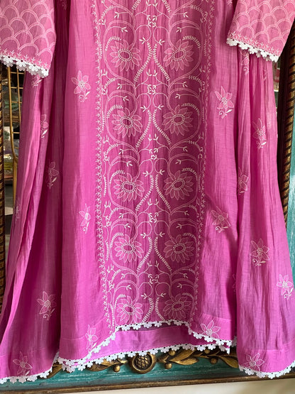 Mauve Pink & White Mul Chanderi Chikankari Kurta & Dupatta Set