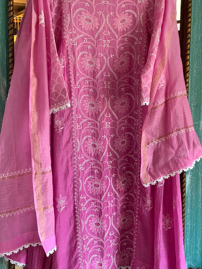 Mauve Pink & White Mul Chanderi Chikankari Kurta & Dupatta Set