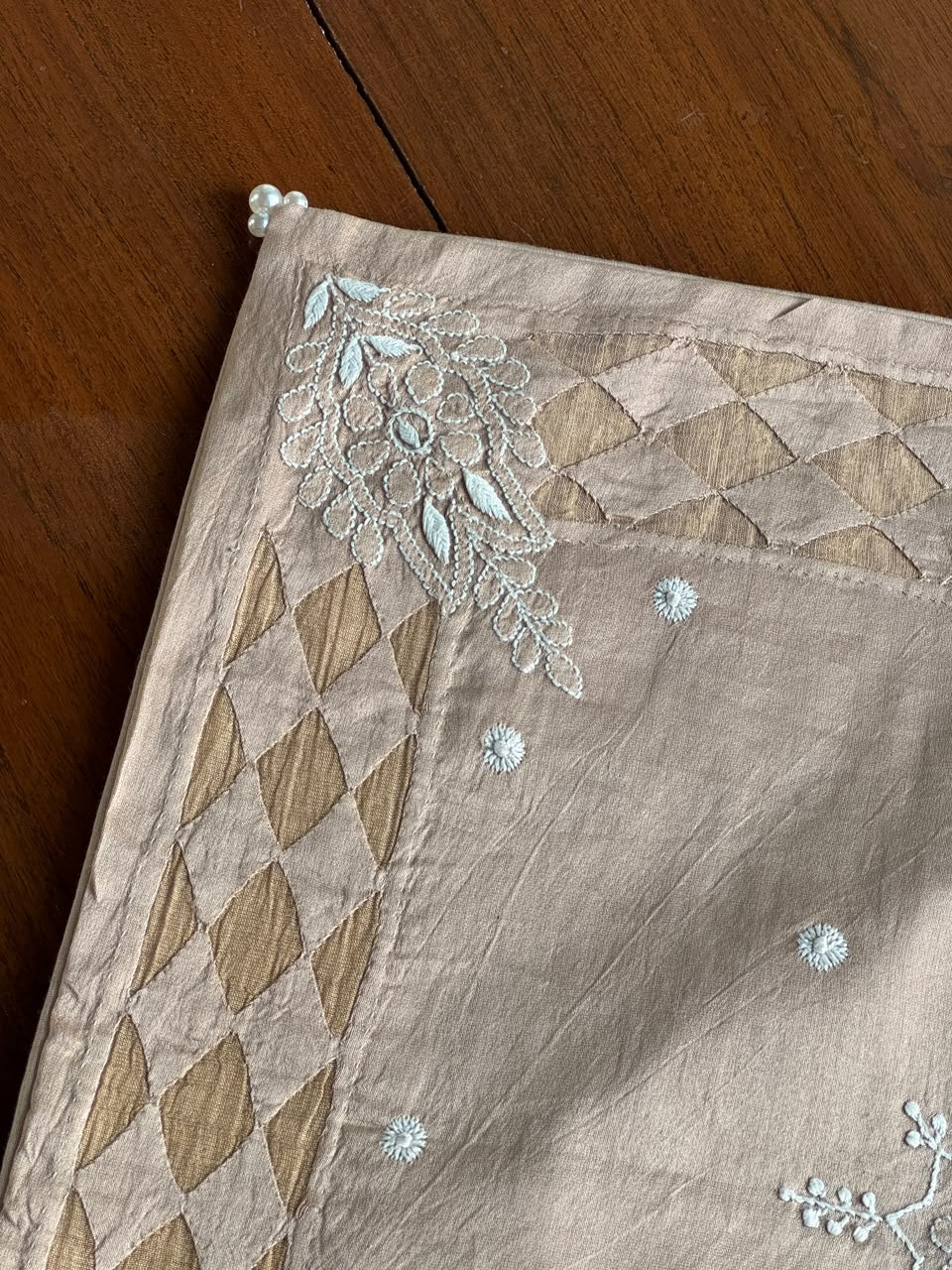 Pinkish Beige Chanderi Cushion Cover with Chikankari & Daraz Appliqué