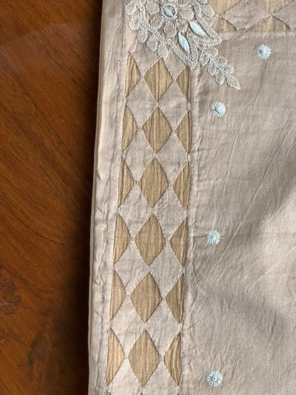 Pinkish Beige Chanderi Cushion Cover with Chikankari & Daraz Appliqué