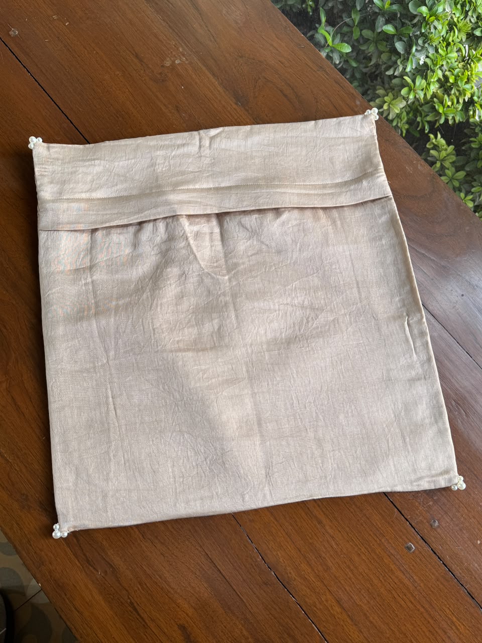 Pinkish Beige Chanderi Cushion Cover with Chikankari & Daraz Appliqué