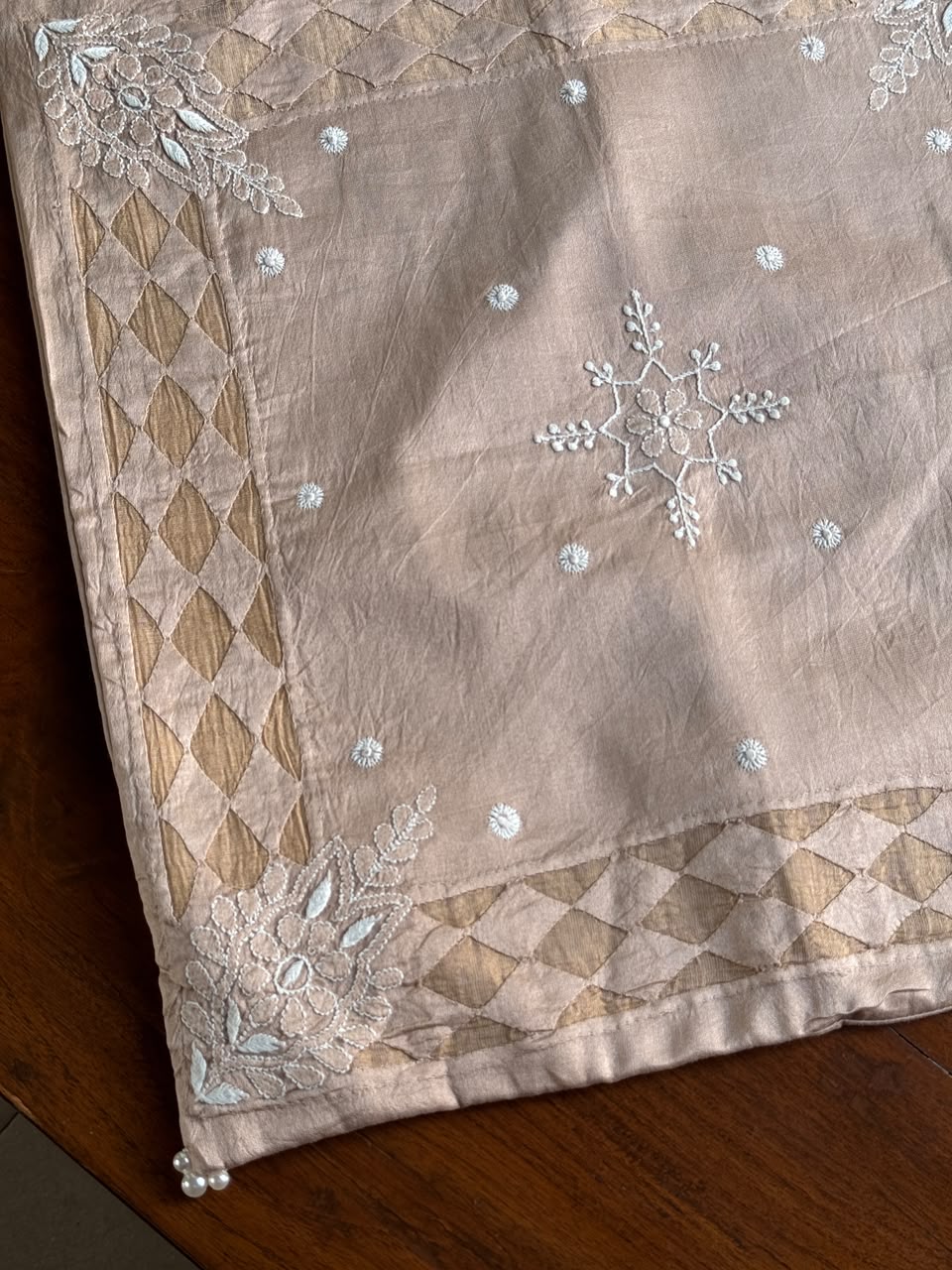 Pinkish Beige Chanderi Cushion Cover with Chikankari & Daraz Appliqué