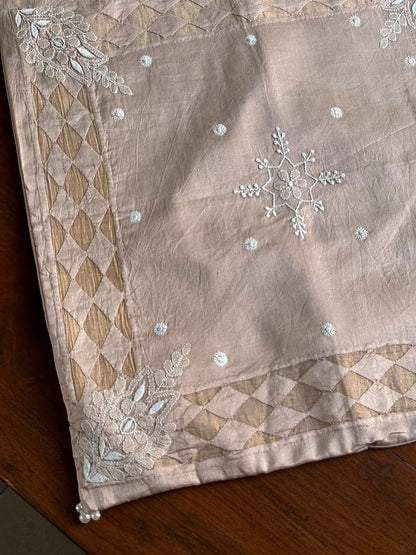 Pinkish Beige Chanderi Cushion Cover with Chikankari & Daraz Appliqué