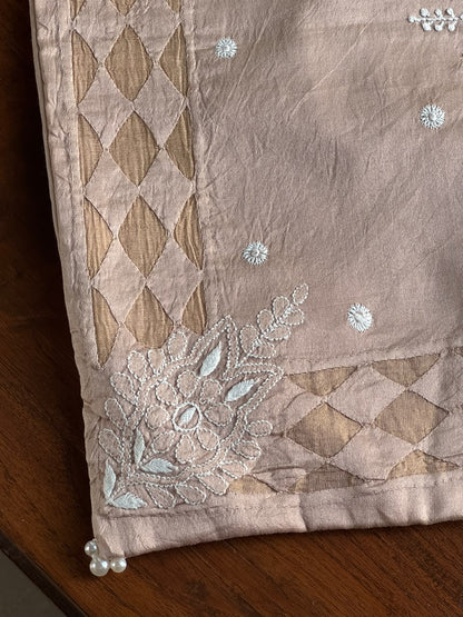 Pinkish Beige Chanderi Cushion Cover with Chikankari & Daraz Appliqué