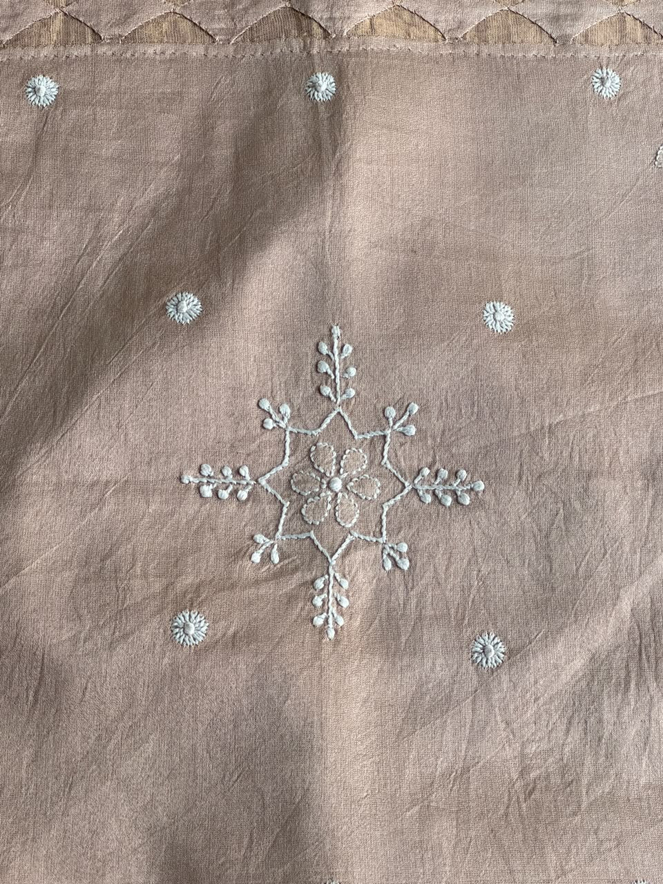 Pinkish Beige Chanderi Cushion Cover with Chikankari & Daraz Appliqué
