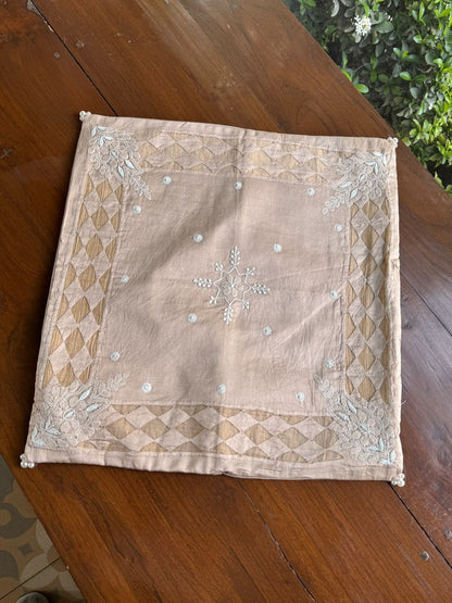 Pinkish Beige Chanderi Cushion Cover with Chikankari & Daraz Appliqué