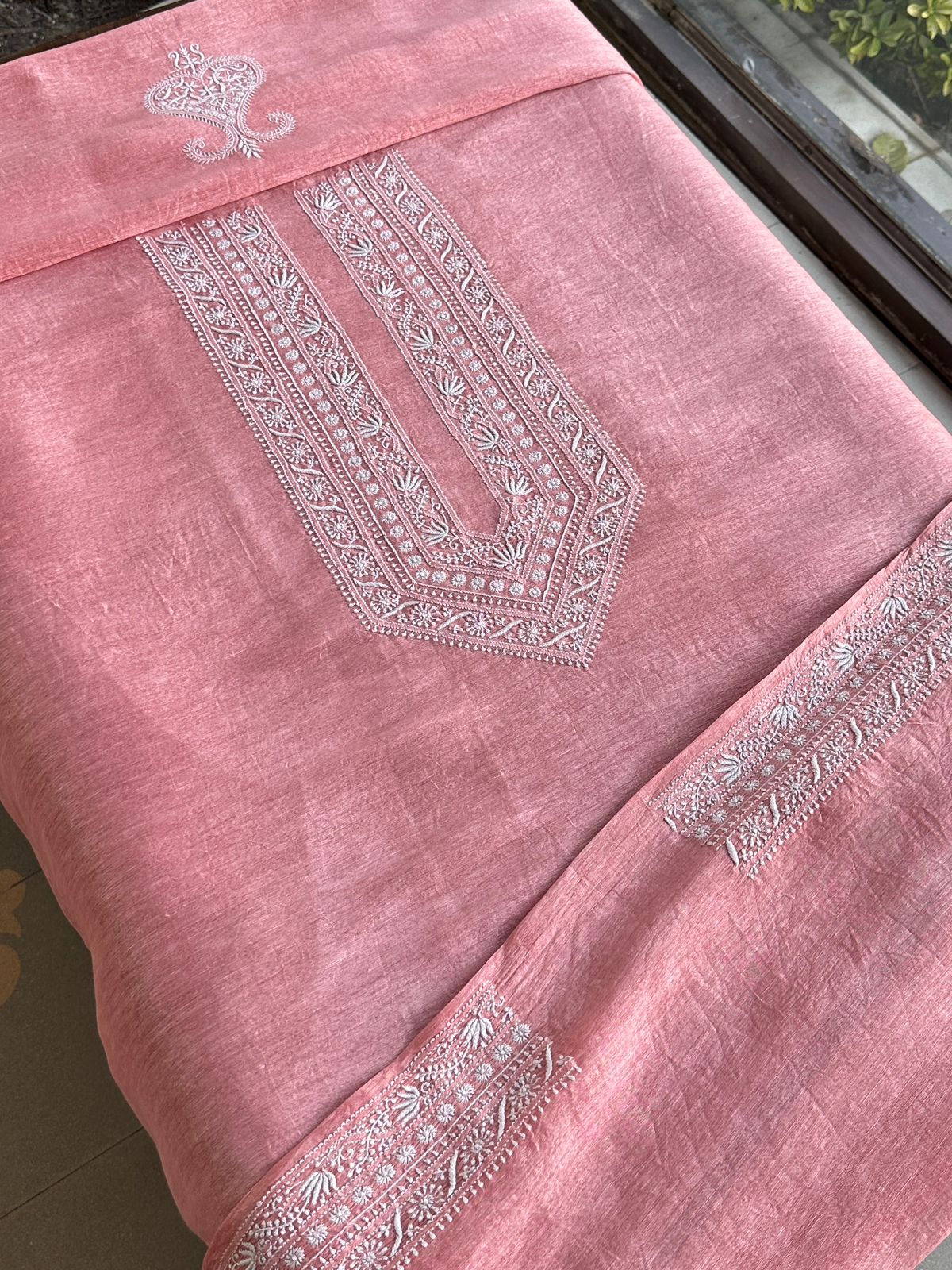 Pinkish Peach Linen Chikankari Unstitched Men's Kurtas Fabric