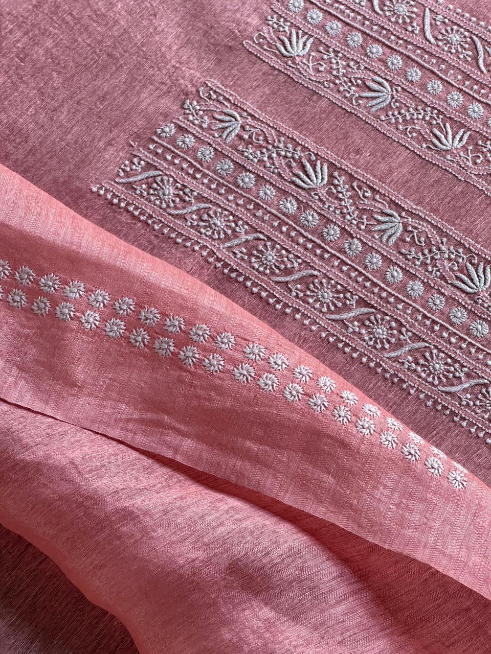 Pinkish Peach Linen Chikankari Unstitched Men's Kurtas Fabric