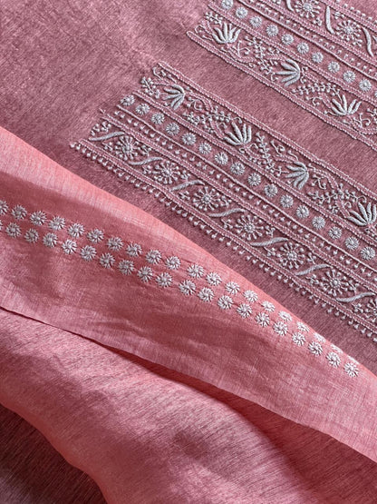 Pinkish Peach Linen Chikankari Unstitched Men's Kurtas Fabric