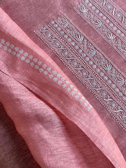 Pinkish Peach Linen Chikankari Unstitched Men's Kurtas Fabric