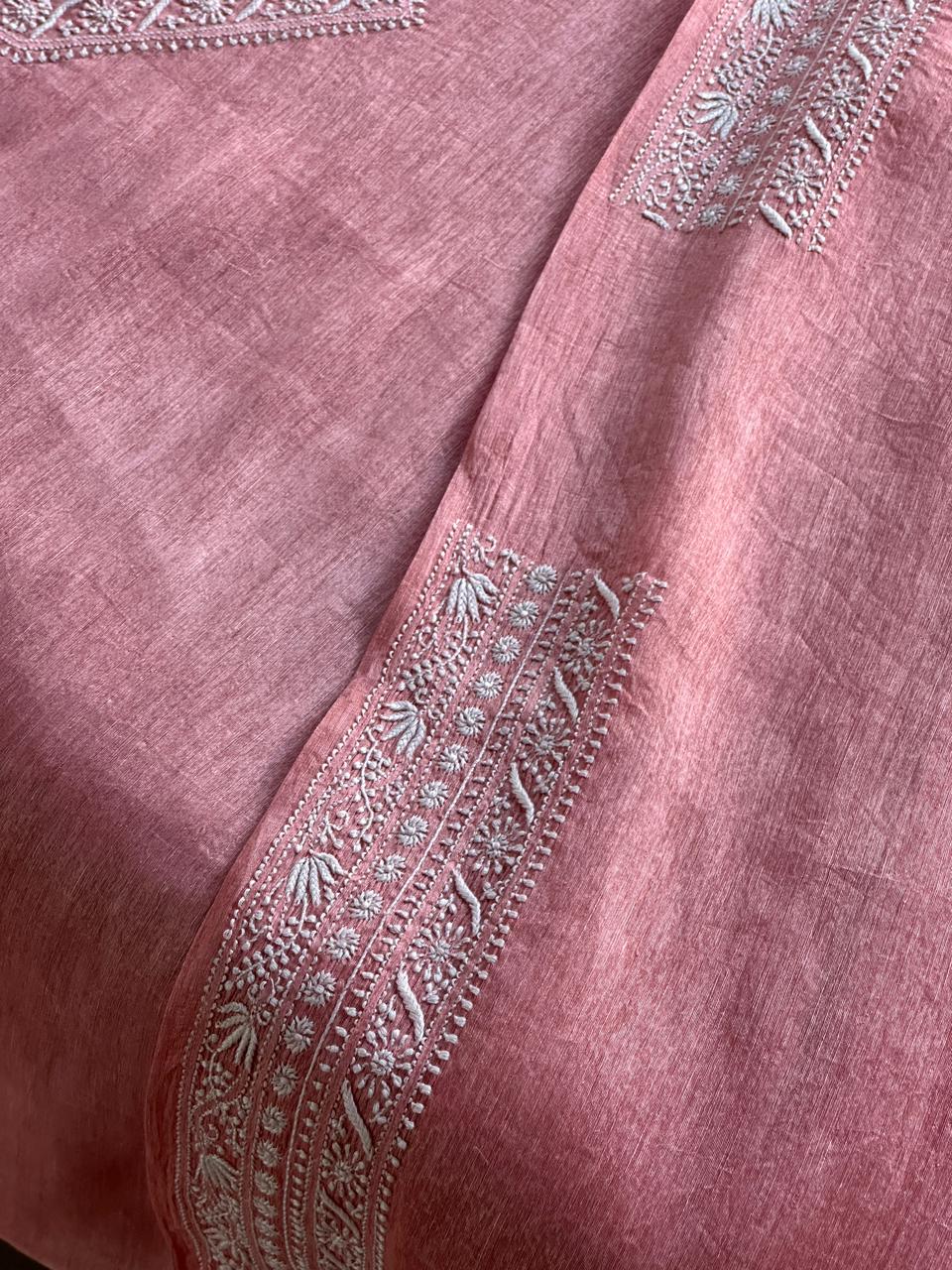 Pinkish Peach Linen Chikankari Unstitched Men's Kurtas Fabric