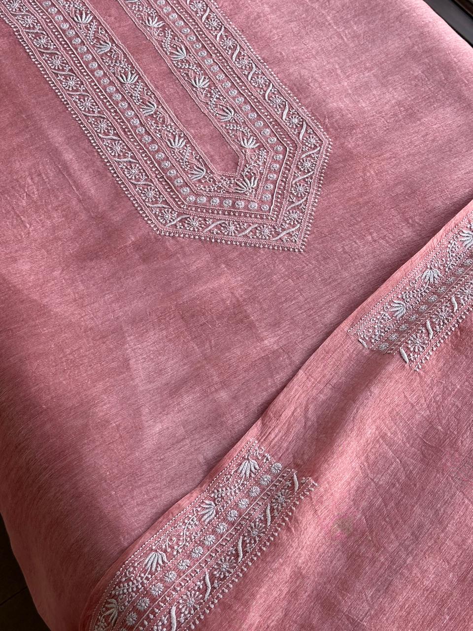 Pinkish Peach Linen Chikankari Unstitched Men's Kurtas Fabric