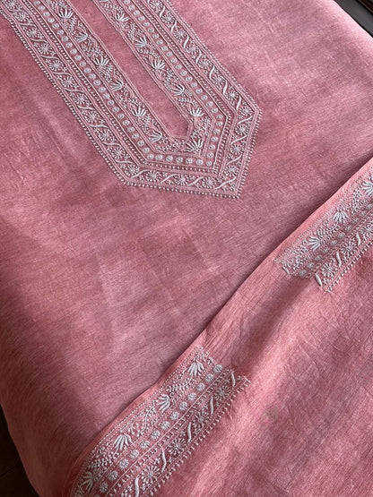 Pinkish Peach Linen Chikankari Unstitched Men's Kurtas Fabric