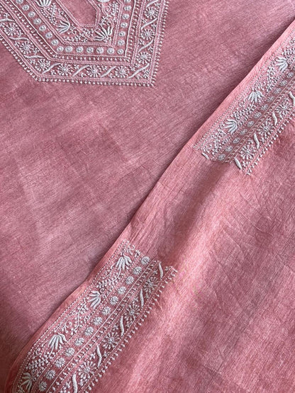 Pinkish Peach Linen Chikankari Unstitched Men's Kurtas Fabric