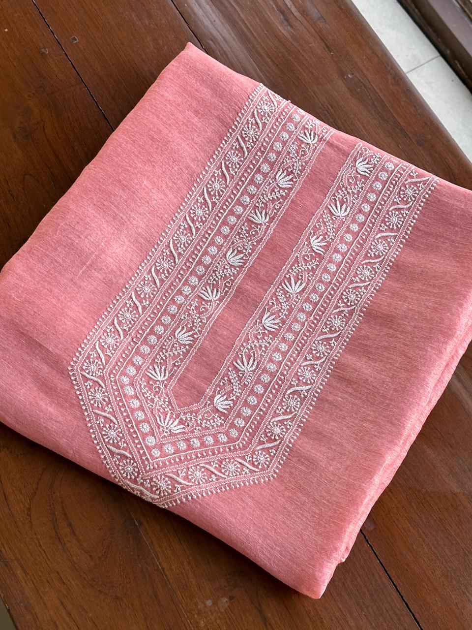 Pinkish Peach Linen Chikankari Unstitched Men's Kurtas Fabric