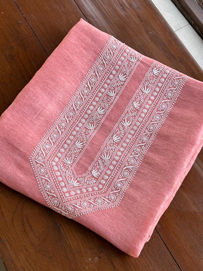 Pinkish Peach Linen Chikankari Unstitched Men's Kurtas Fabric