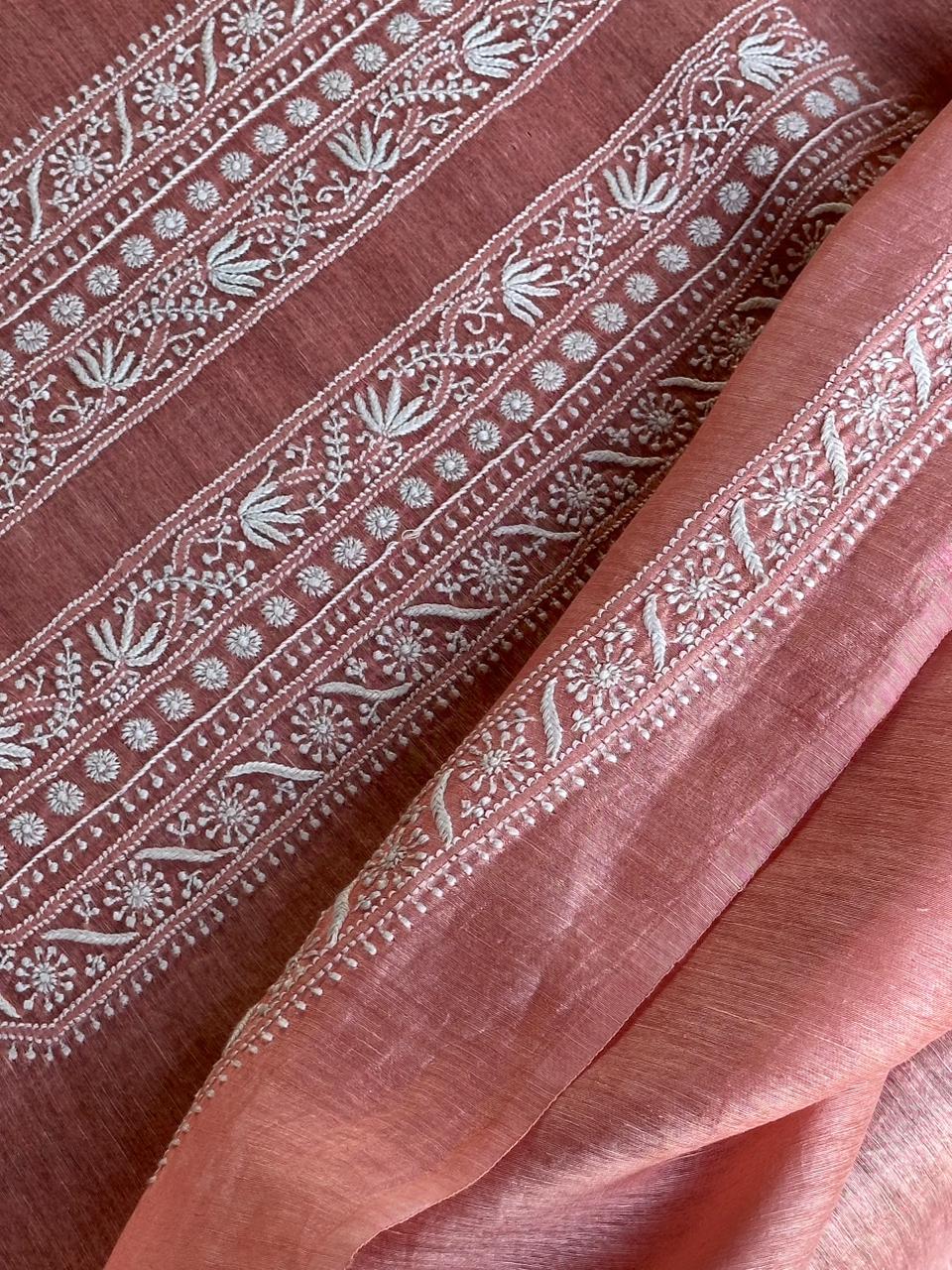 Pinkish Peach Linen Chikankari Unstitched Men's Kurtas Fabric