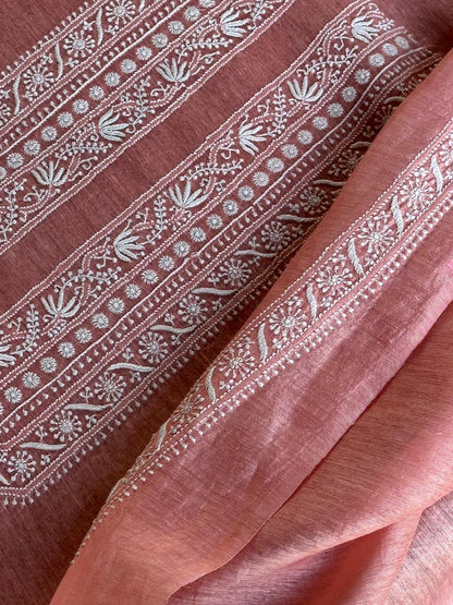 Pinkish Peach Linen Chikankari Unstitched Men's Kurtas Fabric