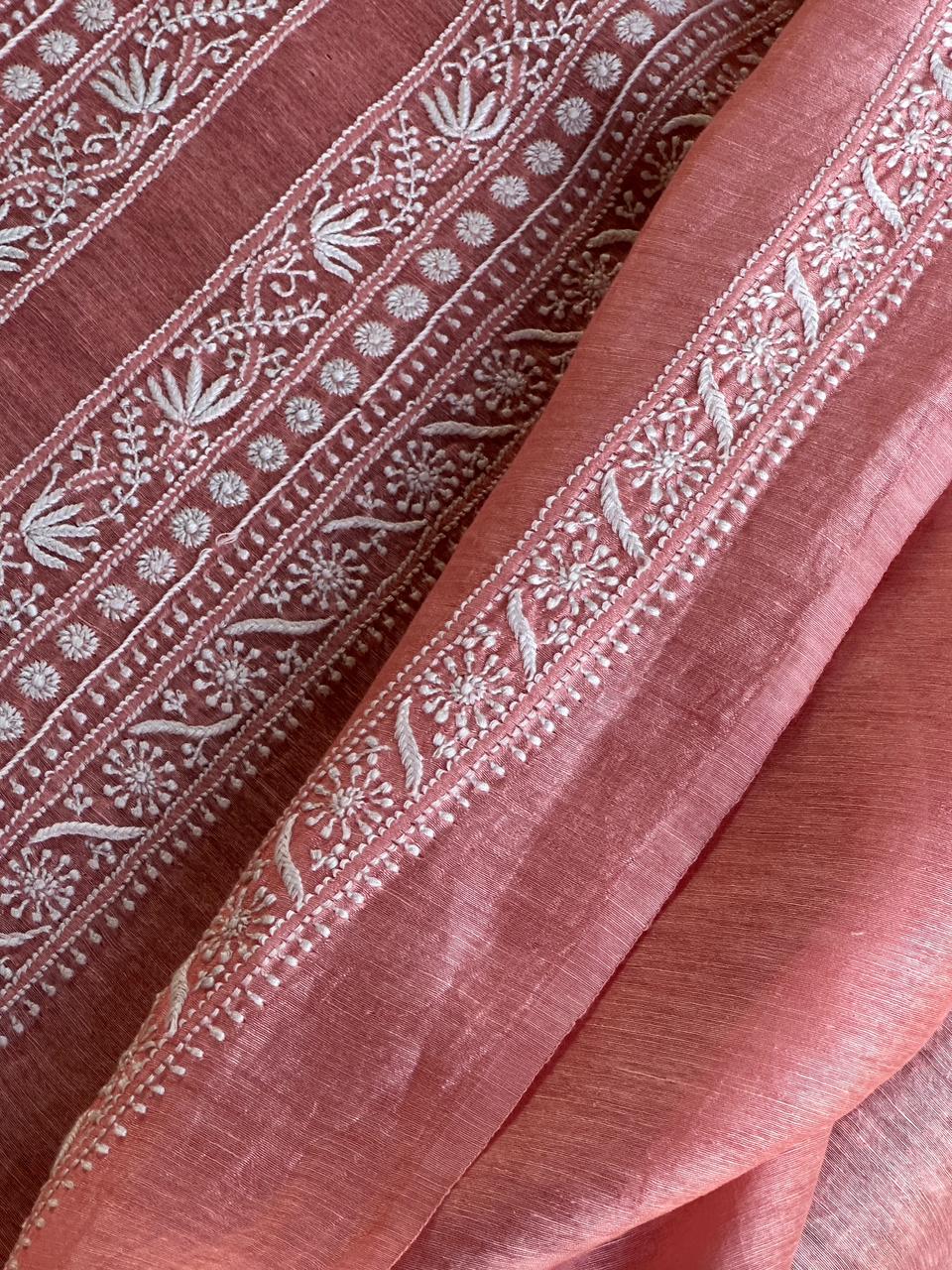 Pinkish Peach Linen Chikankari Unstitched Men's Kurtas Fabric