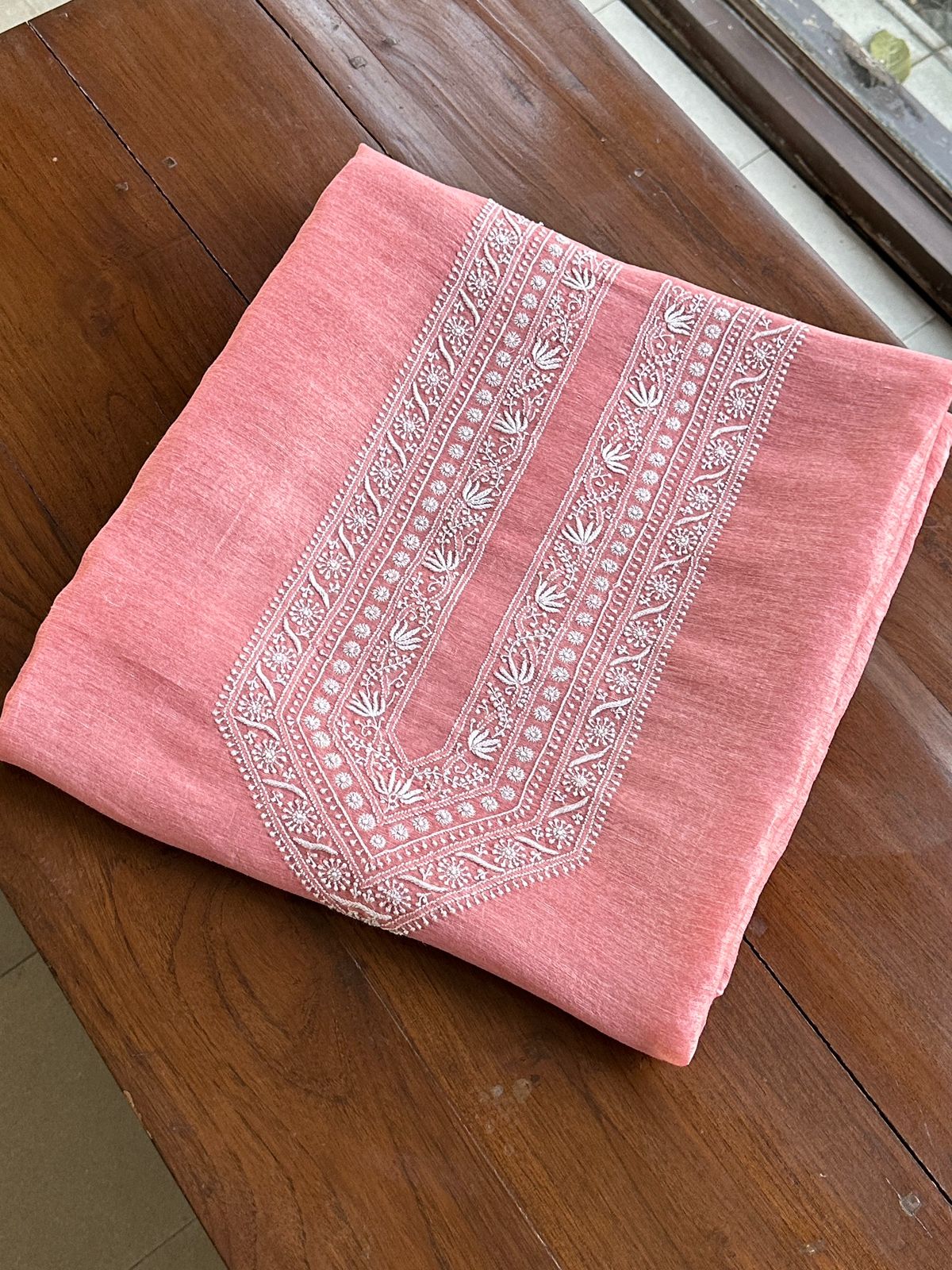 Pinkish Peach Linen Chikankari Unstitched Men's Kurtas Fabric