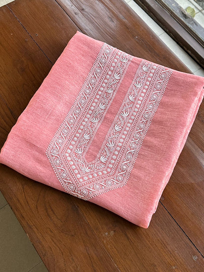 Pinkish Peach Linen Chikankari Unstitched Men's Kurtas Fabric