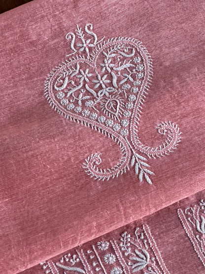 Pinkish Peach Linen Chikankari Unstitched Men's Kurtas Fabric
