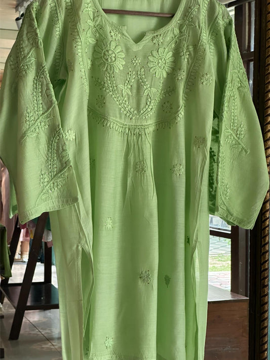 Pista Green Chanderi Mukaish Kamdani Short Kurti