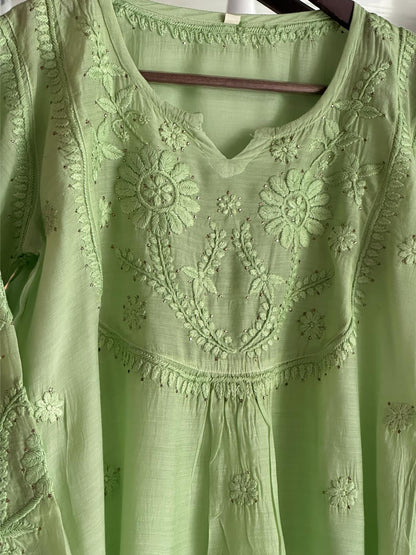 Pista Green Chanderi Mukaish Kamdani Short Kurti