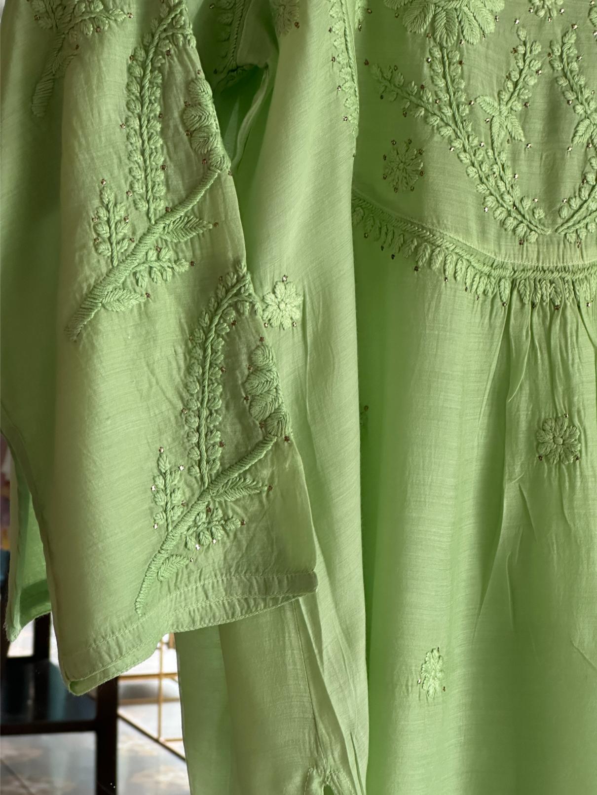 Pista Green Chanderi Mukaish Kamdani Short Kurti