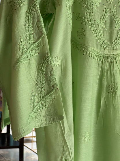 Pista Green Chanderi Mukaish Kamdani Short Kurti