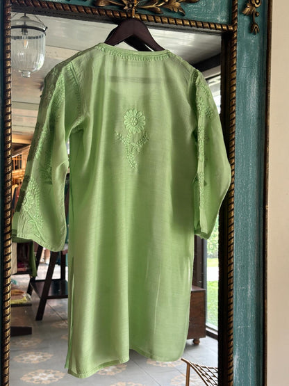 Pista Green Chanderi Mukaish Kamdani Short Kurti