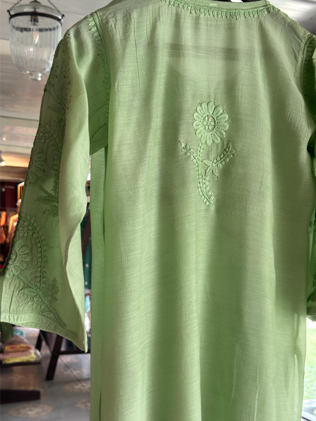 Pista Green Chanderi Mukaish Kamdani Short Kurti