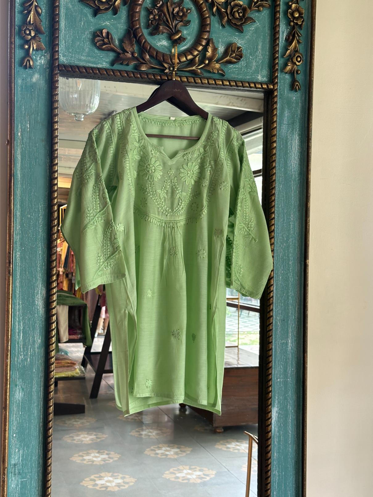 Pista Green Chanderi Mukaish Kamdani Short Kurti
