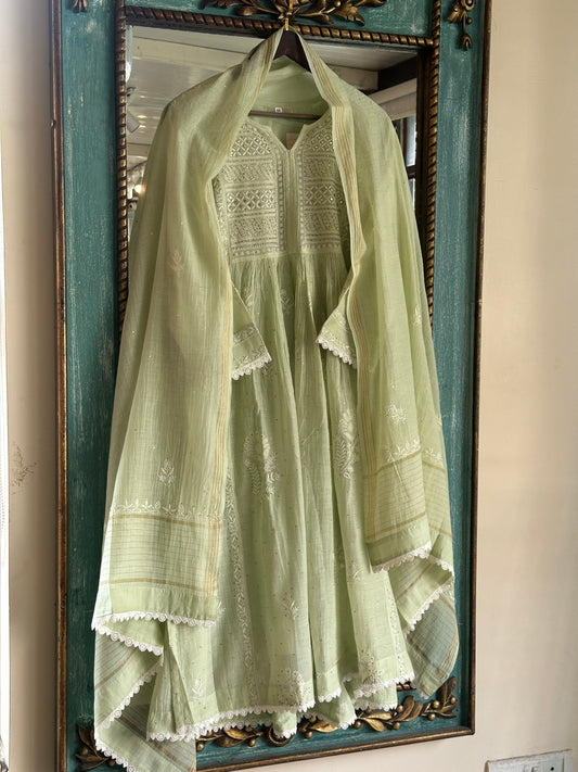 Pista Green Mal Mukaish Kamdani Tux Chikankari Kurta Dupatta Set