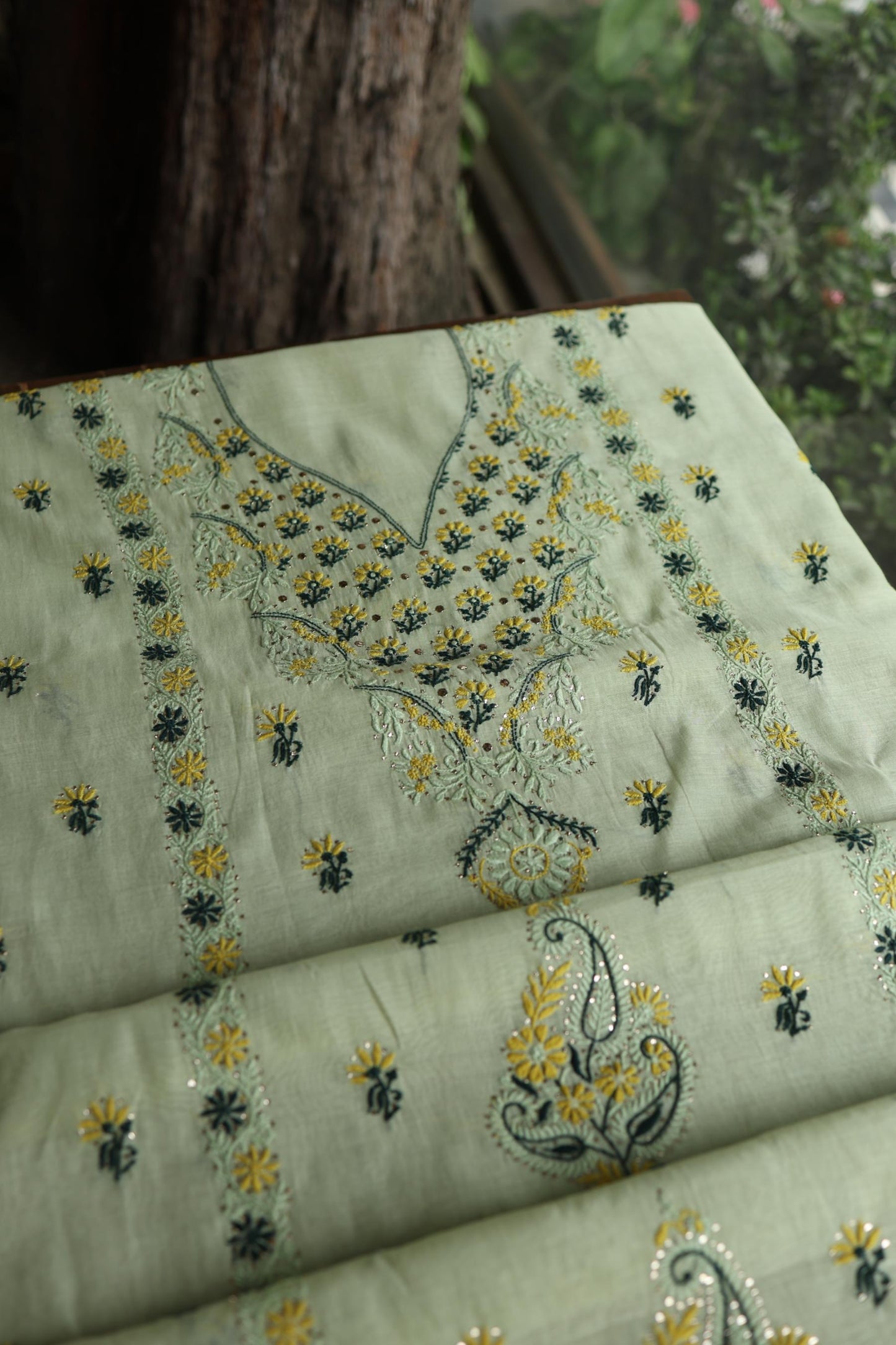 Pista Green Mul Chanderi Silk Kalamkari Unstitched Kurta Dupatta Set
