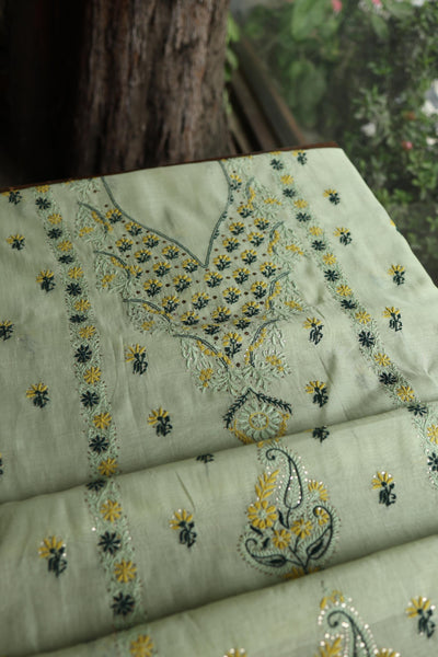 Pista Green Mul Chanderi Silk Kalamkari Unstitched Kurta Dupatta Set