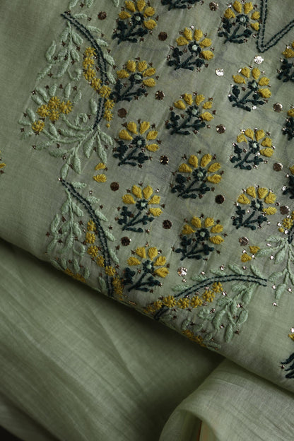 Pista Green Mul Chanderi Silk Kalamkari Unstitched Kurta Dupatta Set