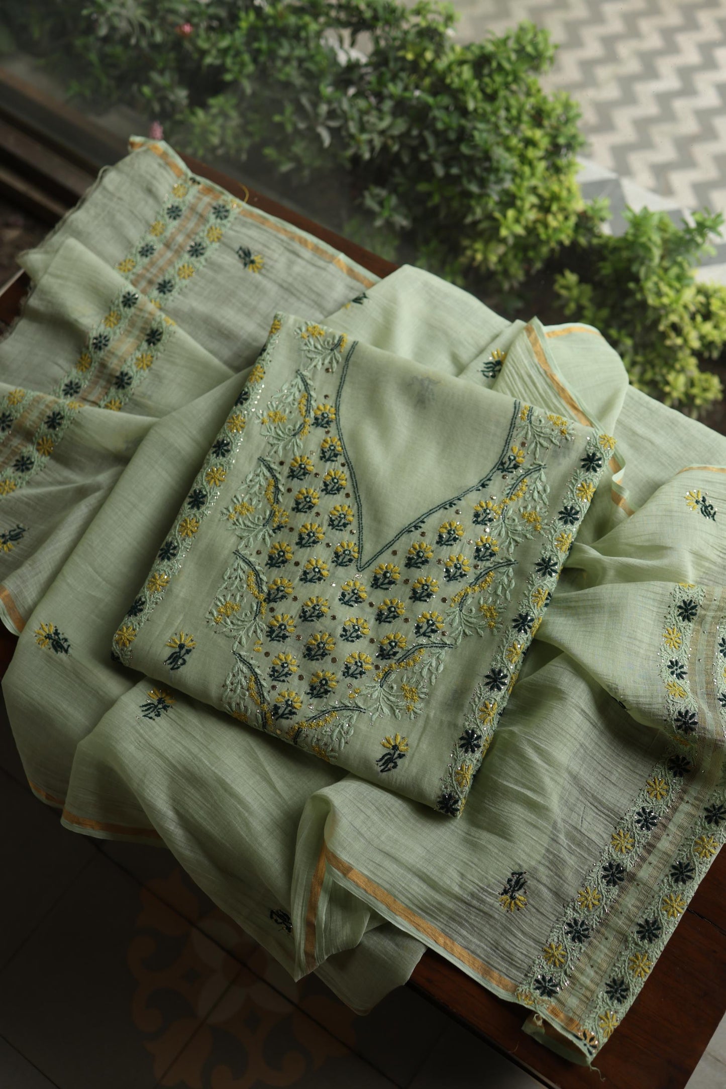 Pista Green Mul Chanderi Silk Kalamkari Unstitched Kurta Dupatta Set