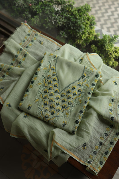 Pista Green Mul Chanderi Silk Kalamkari Unstitched Kurta Dupatta Set