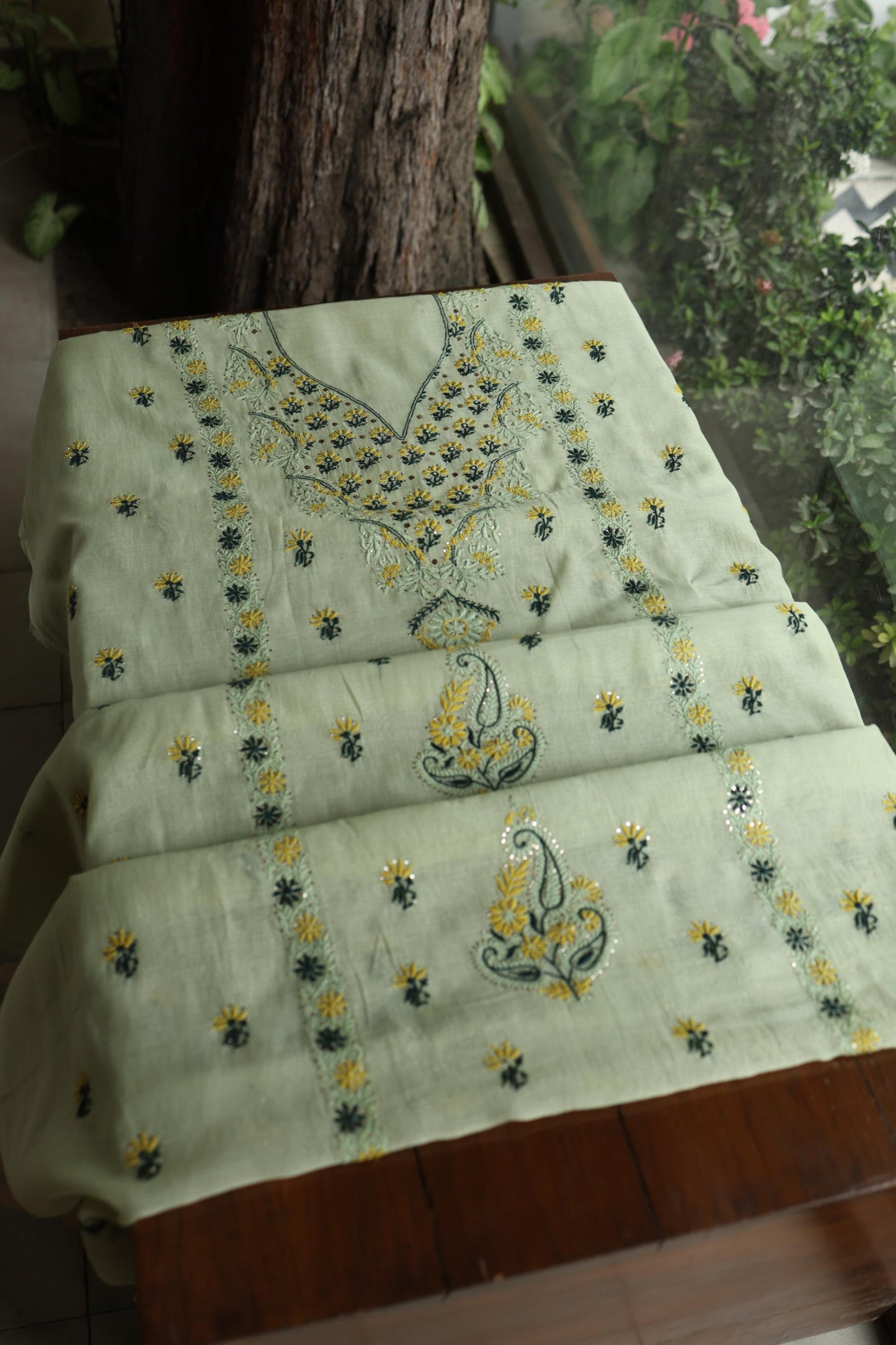 Pista Green Mul Chanderi Silk Kalamkari Unstitched Kurta Dupatta Set